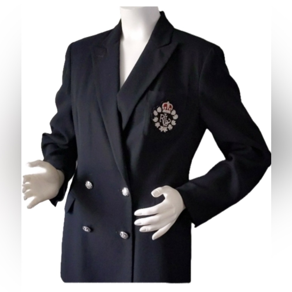 Vintage Lauren Ralph Lauren crest Women Black Wool Double Breasted Blazer sz6